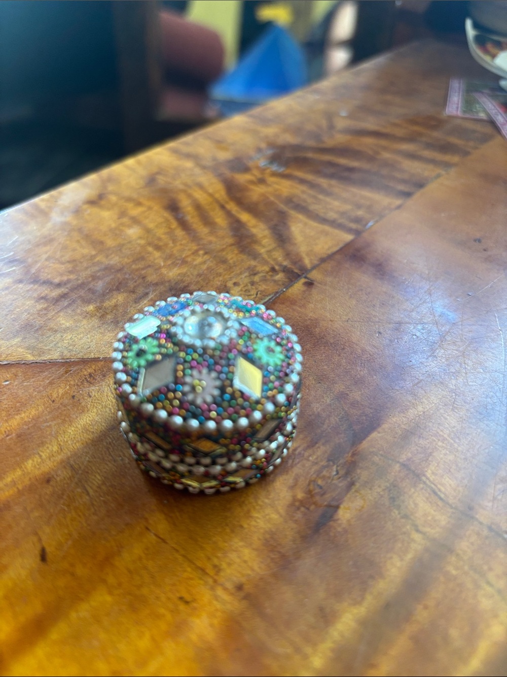 Handcrafted Beaded Round Trinket Box - Colorful Floral Mosaic